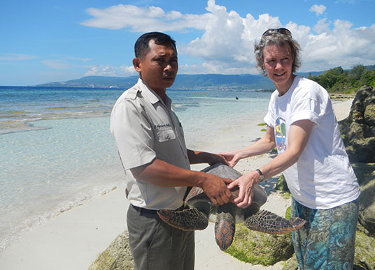 a law enforcement officer and director of AlTo, Marcy Summers, carry an adult sea turtle, releasing it from illegal captivity back into the wild